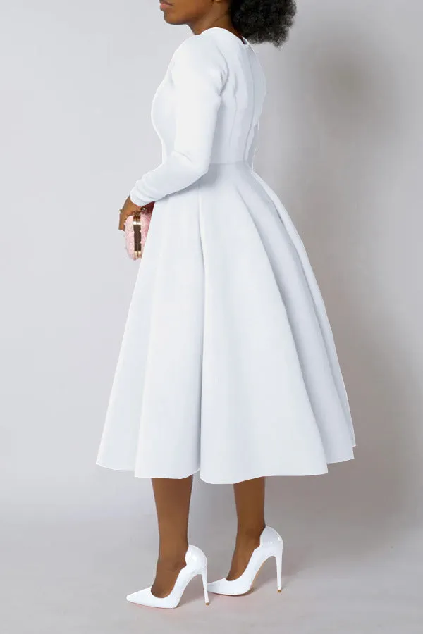 Timeless Solid Round Neck Long Sleeve A-Line Dress for Effortless Elegance