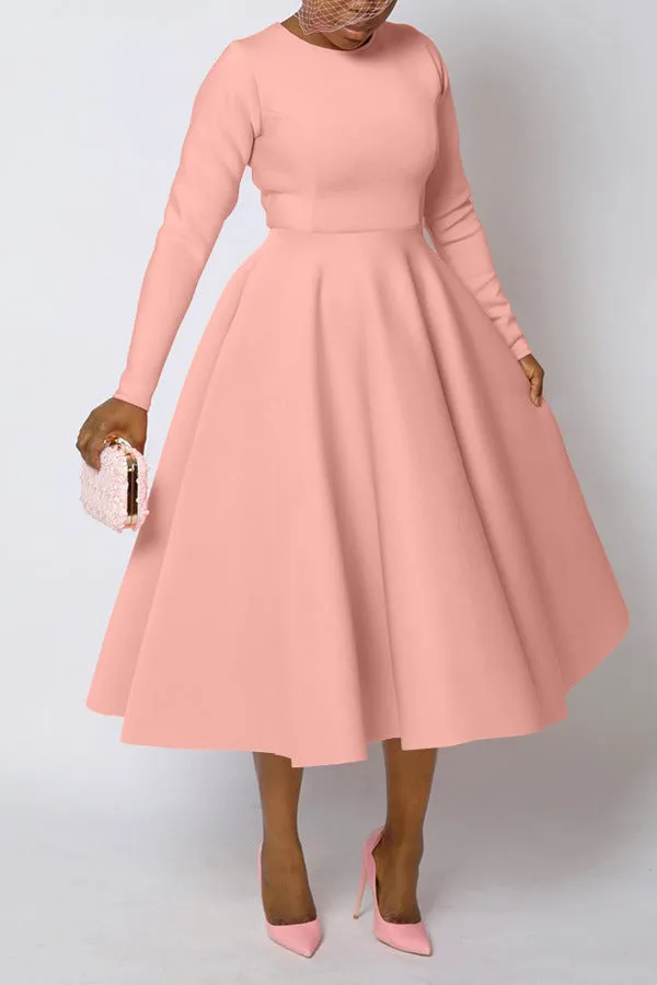 Timeless Solid Round Neck Long Sleeve A-Line Dress for Effortless Elegance