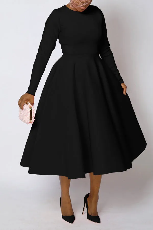 Timeless Solid Round Neck Long Sleeve A-Line Dress for Effortless Elegance