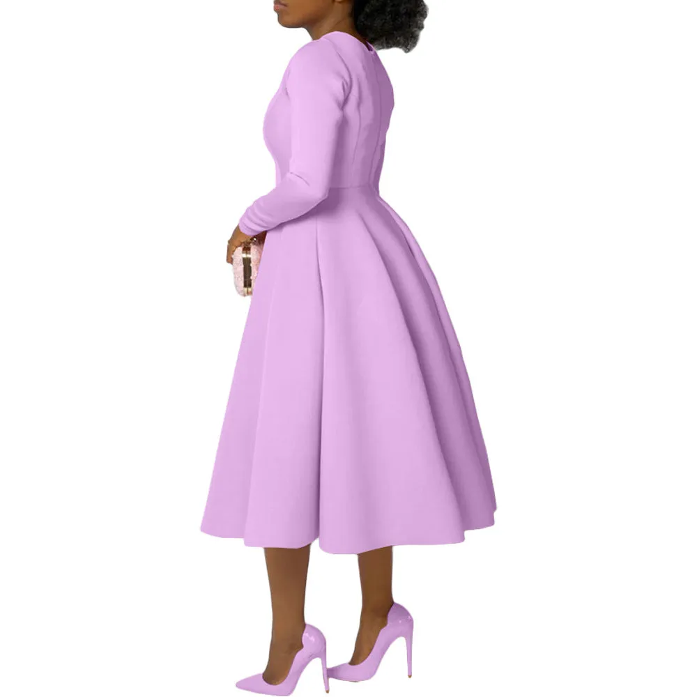 Timeless Solid Round Neck Long Sleeve A-Line Dress for Effortless Elegance