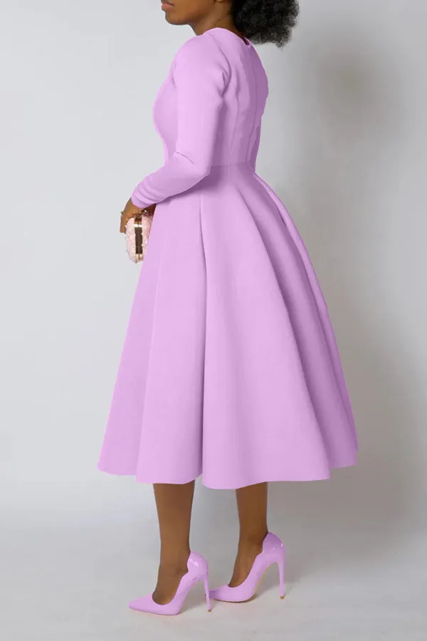 Timeless Solid Round Neck Long Sleeve A-Line Dress for Effortless Elegance