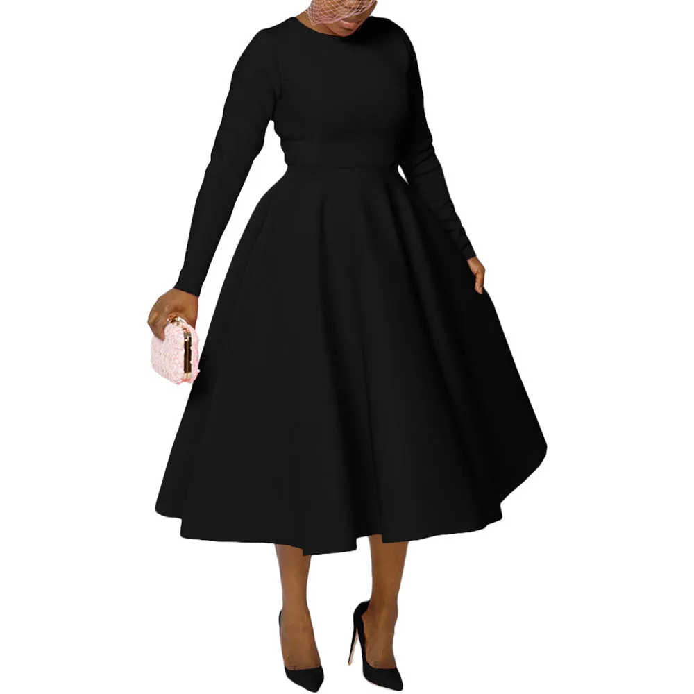 Timeless Solid Round Neck Long Sleeve A-Line Dress for Effortless Elegance