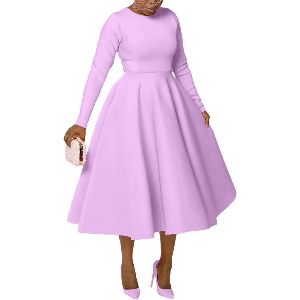 Timeless Solid Round Neck Long Sleeve A-Line Dress for Effortless Elegance