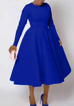 Timeless Solid Round Neck Long Sleeve A-Line Dress for Effortless Elegance