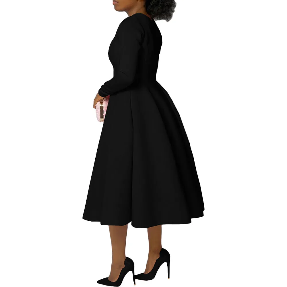 Timeless Solid Round Neck Long Sleeve A-Line Dress for Effortless Elegance
