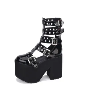 Title: Punk Dark High Tube Women's Shoes with Non-slip Platform and Belt Buckle