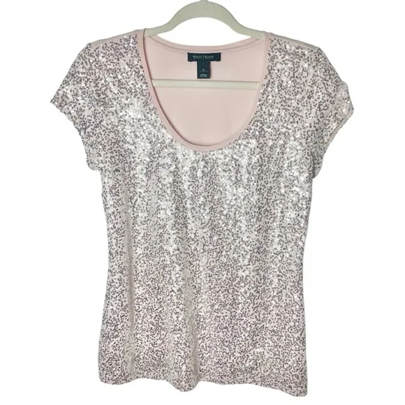 White House Black Market Open Front Cardigan sequined Top Set Pink Metallic S