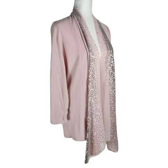 White House Black Market Open Front Cardigan sequined Top Set Pink Metallic S