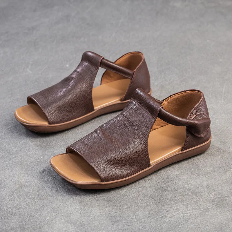 Women Peep Toe Velcro Casual Leather Flat Sandals