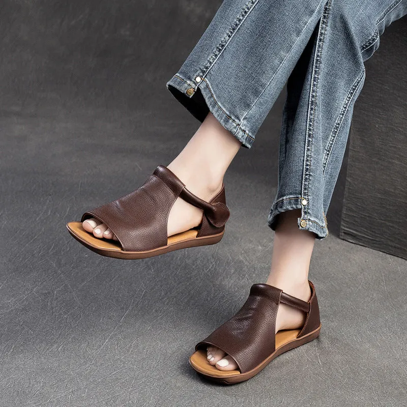 Women Peep Toe Velcro Casual Leather Flat Sandals