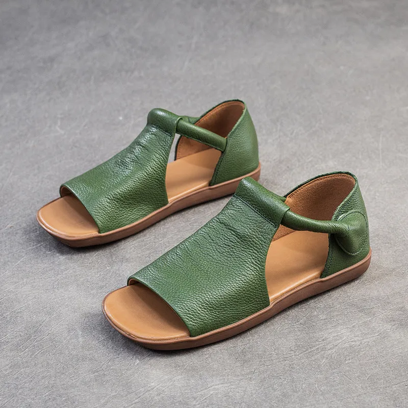 Women Peep Toe Velcro Casual Leather Flat Sandals