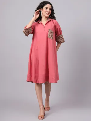 Women’s Coral Pink & Beige Collared A-Line Cotton Dress | The Saffron Saga