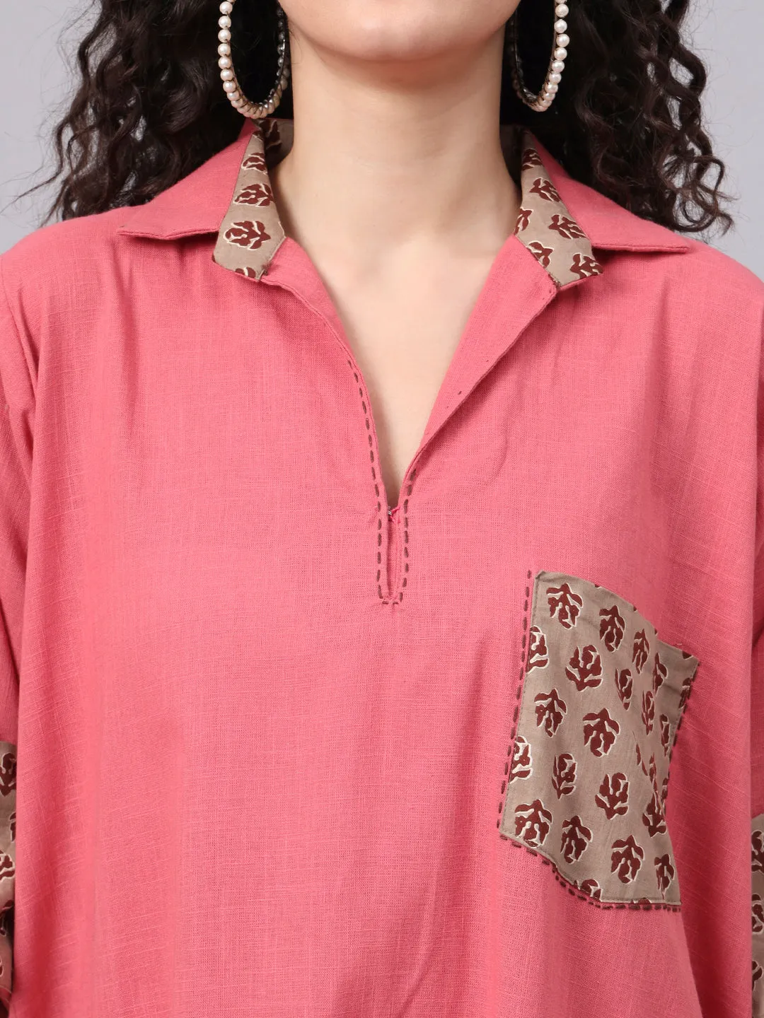 Women’s Coral Pink & Beige Collared A-Line Cotton Dress | The Saffron Saga