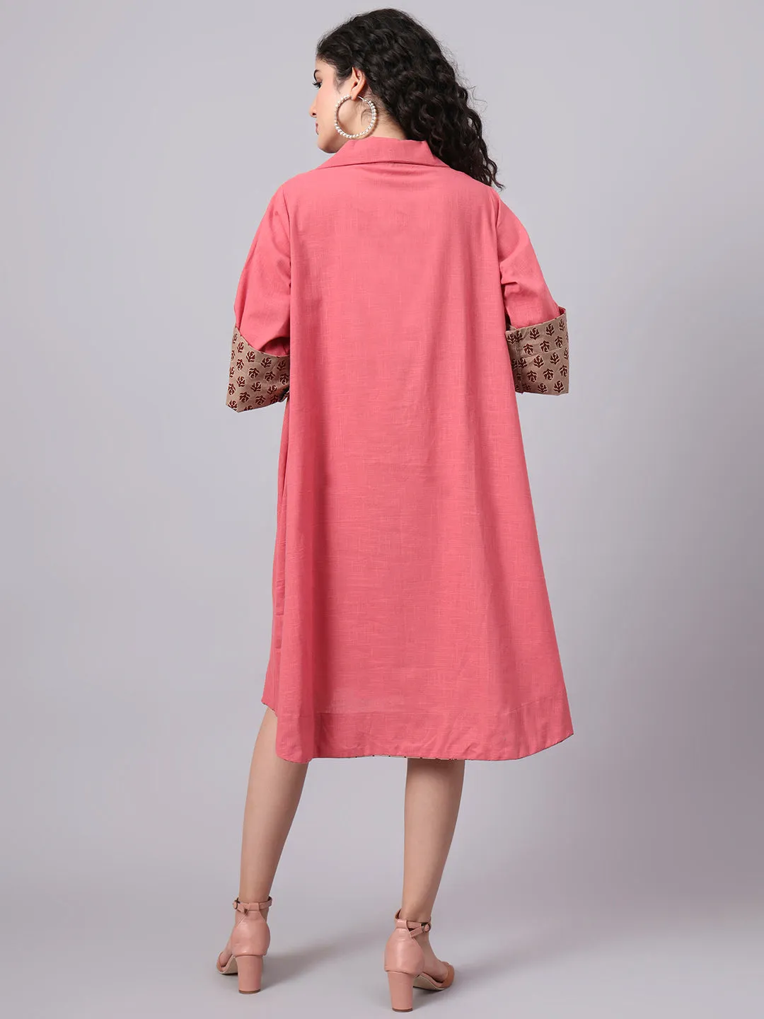 Women’s Coral Pink & Beige Collared A-Line Cotton Dress | The Saffron Saga