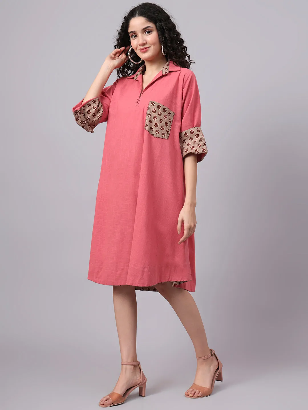Women’s Coral Pink & Beige Collared A-Line Cotton Dress | The Saffron Saga